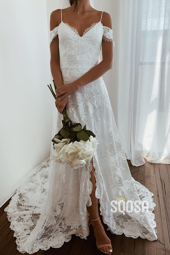 A-line V-neck High Split Allover Lace Bohemian Wedding Dress QW2695|SQOSA