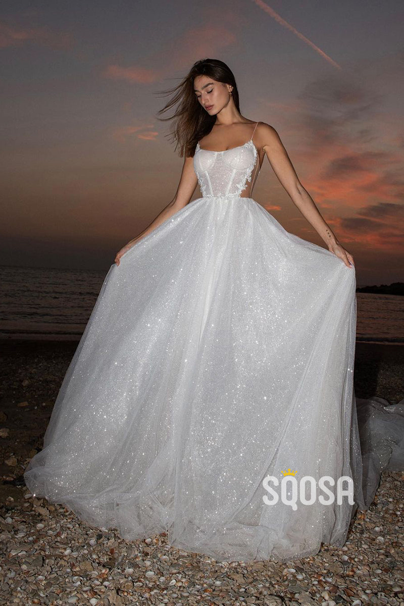 Spaghetti Straps Scoop Tulle Appliques A-line Wedding Dress QW2685|SQOSA