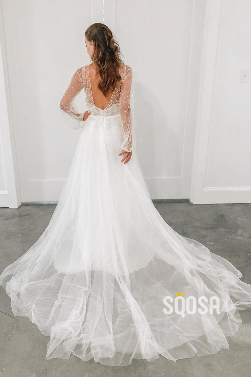 A-line V-neck Long Sleeves Sparkly Wedding Dress QW2672|SQOSA