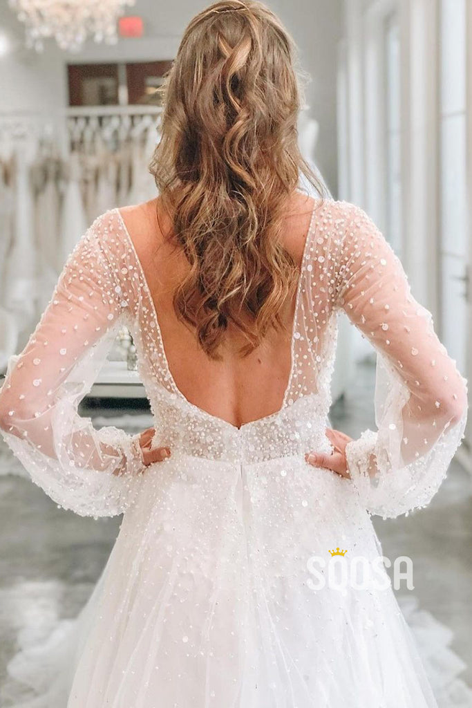 A-line V-neck Long Sleeves Sparkly Wedding Dress QW2672|SQOSA