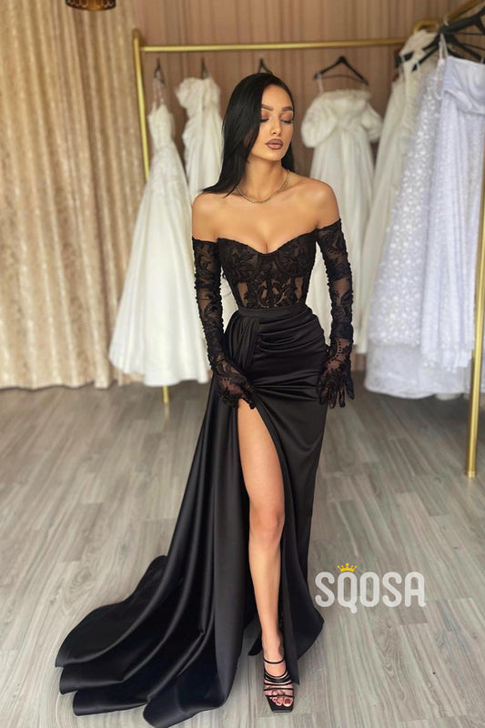 Sheath Sweetheart Satin Pleated Lace Appliques Black Log Prom Formal Dress QP2712