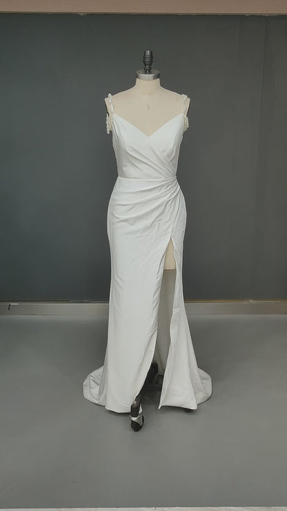 Spaghetti Straps Plunging V-Neck Bohemian Wedding Dress with Slit Bride Dress QW2103