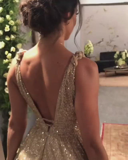 A-line Gold Sequins V-neck Sparkle Prom Dress Party Dress QP1354