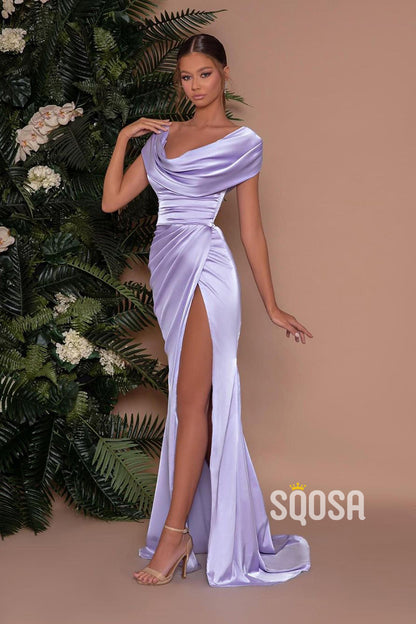 Off the Shoulder Satin Pleated Side Split Prom Dress Long Bridesmaid Dress QP2639
