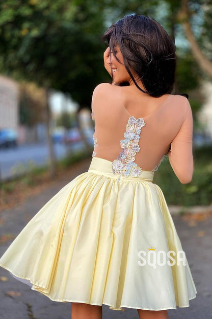 Ball Gown Illusion Neckline 3D Appliques Short Homecoming Dress QS2363|SQOSA