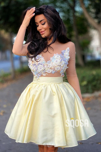 Ball Gown Illusion Neckline 3D Appliques Short Homecoming Dress QS2363|SQOSA