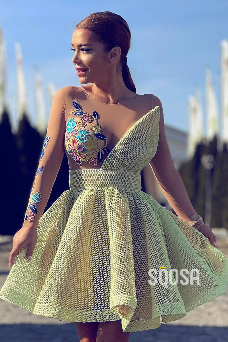 Chic Illusion Neckline Appliques A-line Short Homecoming Dress with Sleeves QS2369|SQOSA