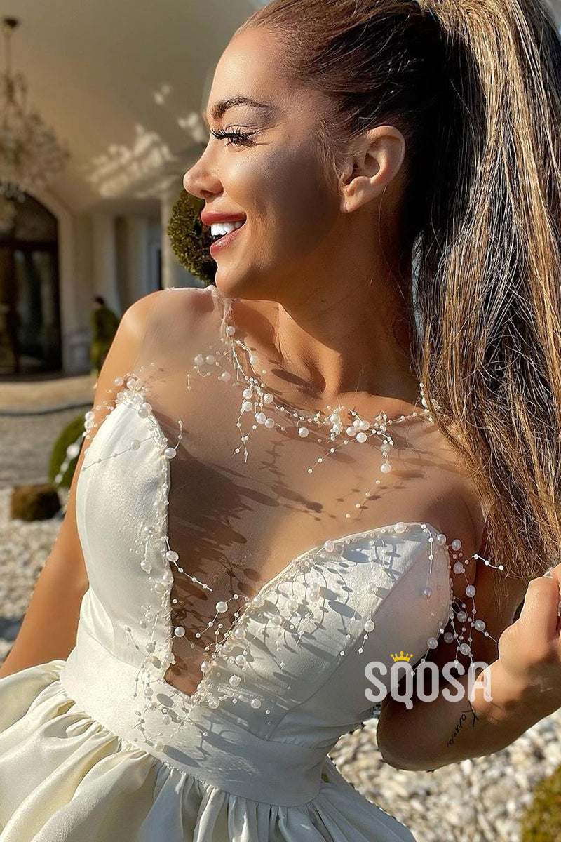 A-line Chic Illusion Neckline Beads Short Prom Dress Homecoming Dress QS2374|SQOSA