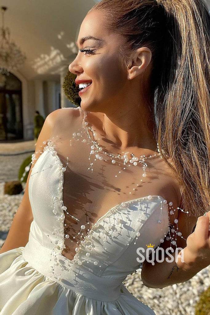 A-line Chic Illusion Neckline Beads Short Prom Dress Homecoming Dress QS2374|SQOSA