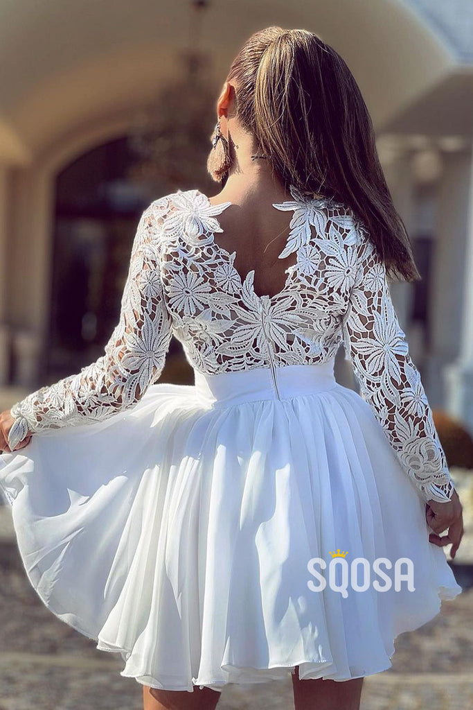 A-line Lace Long Sleeves Short Homecoming Dress Senior Prom Dress QS2377|SQOSA