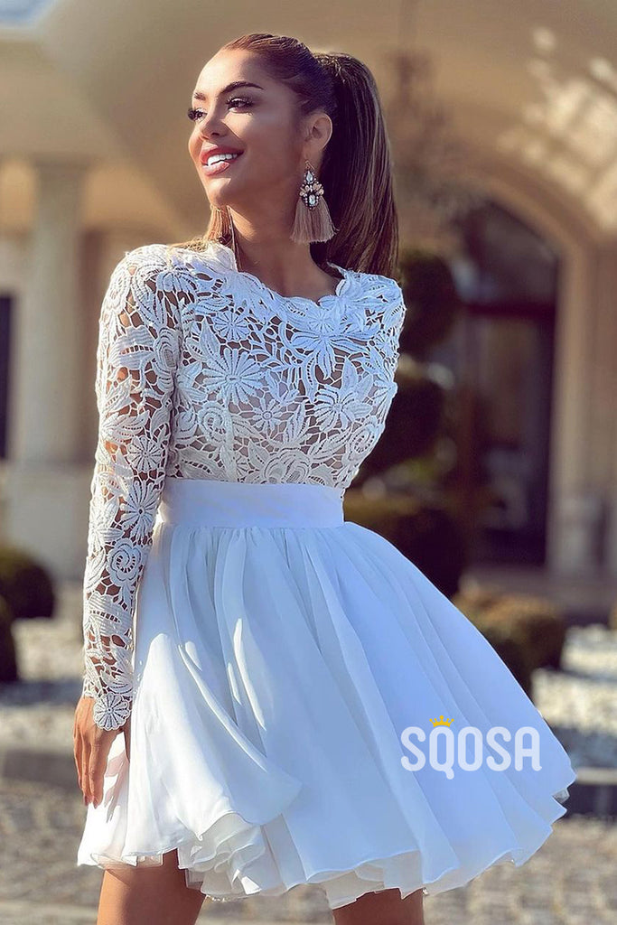 A-line Lace Long Sleeves Short Homecoming Dress Senior Prom Dress QS2377|SQOSA