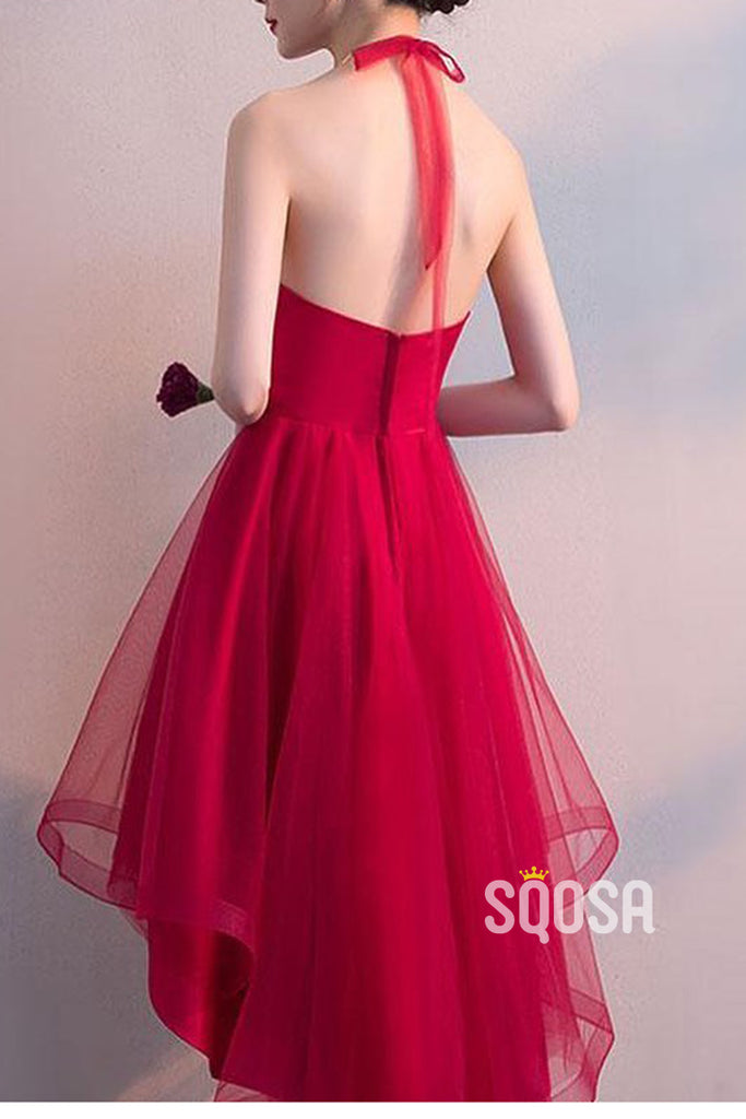 Unique Halter Tulle Appliques High Low Homecoming Dress Prom Gown QS2383|SQOSA