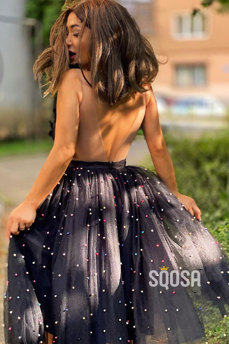 A-line V-neck 3D Appliques Beads Short Prom Dress Vintage Homecoming Dress QS2384|SQOSA