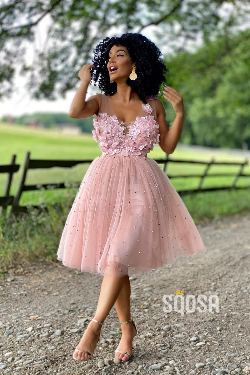 A-line V-neck Tulle Appliques Pink Homecoming Dress Short Prom Dress QS2385|SQOSA