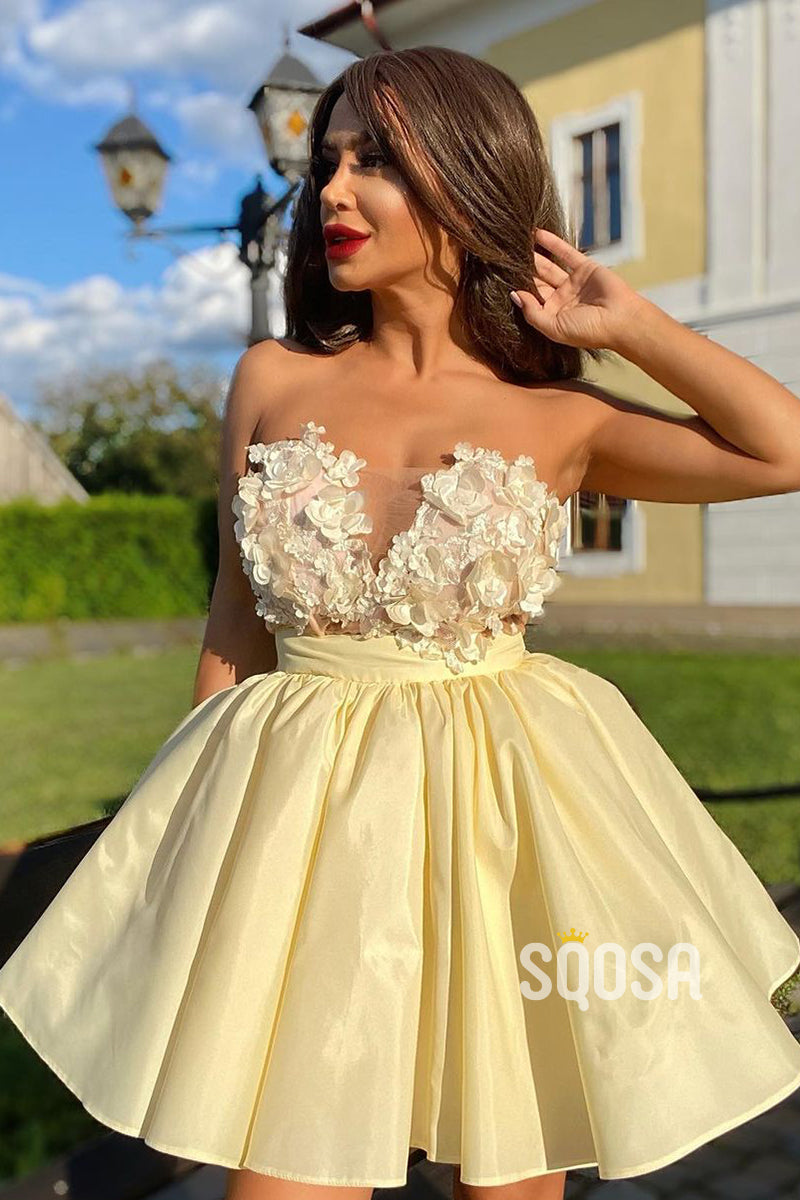 Illusion Neckline 3D Appliques Yellow Homecoming Dress Short Prom Dress QS2386|SQOSA