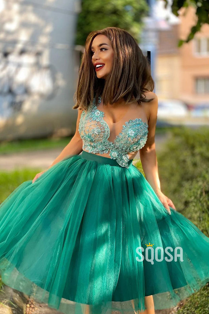 A-line V-neck Tulle Appliques Short Prom Dress Homecoming Dress QS2387|SQOSA