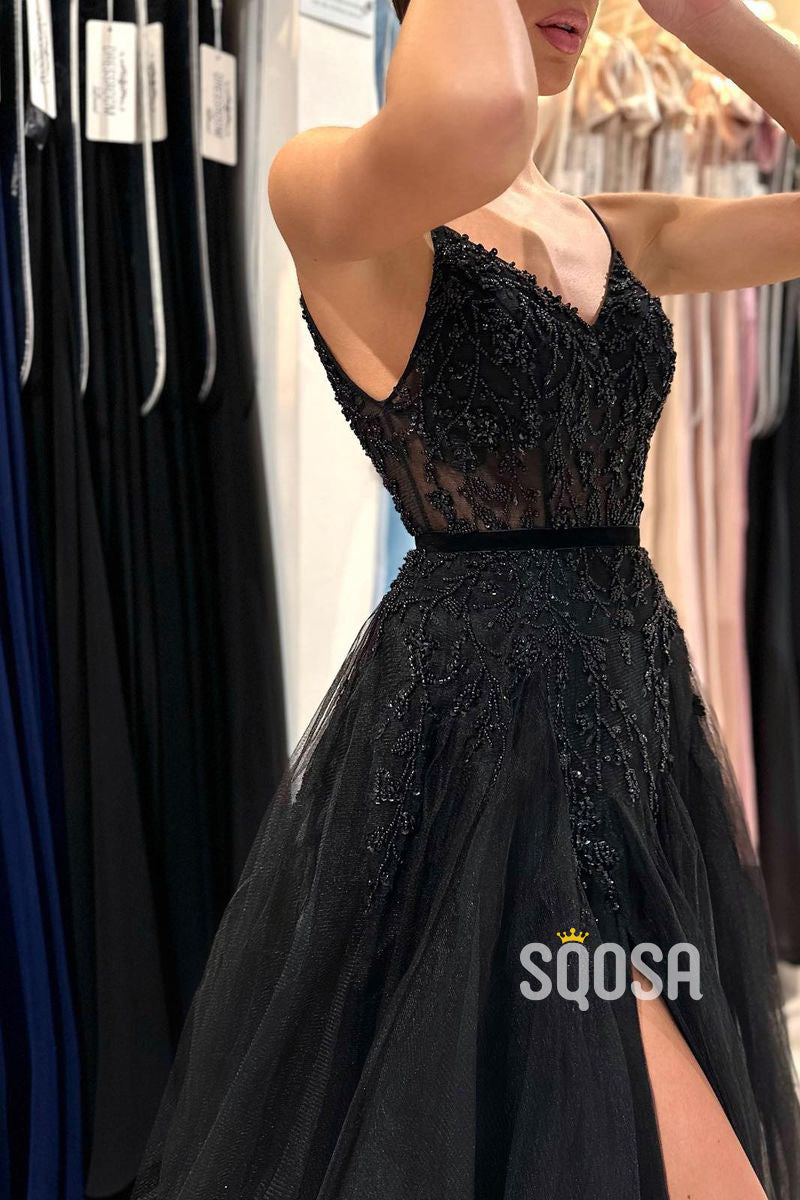 A Line Spaghetti Straps Beads Side Slit Black Long Prom Formal Dress QP2665