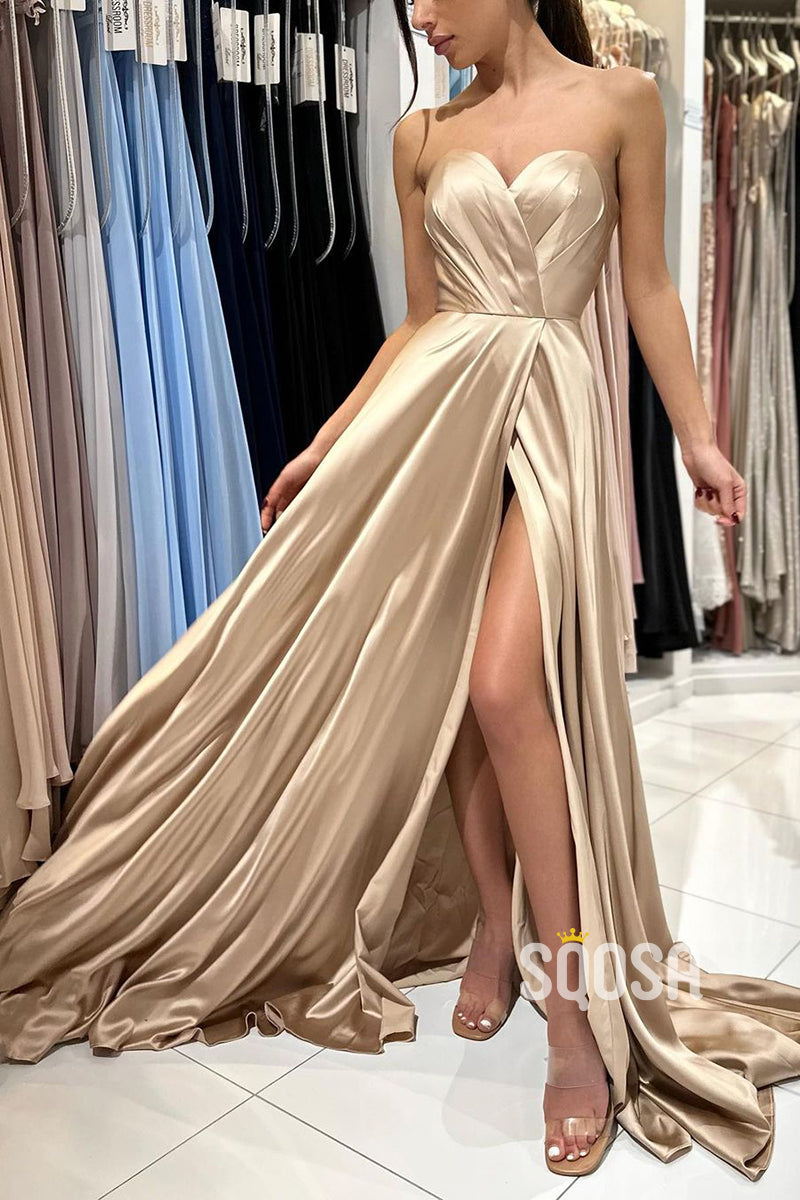 A Line Sweetheart Pleats Side Slit Long Prom Formal Dress QP2664