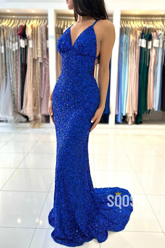 Spaghetti Strpas V Neck Blue Mermaid Long Prom Dress Glitter QP2663