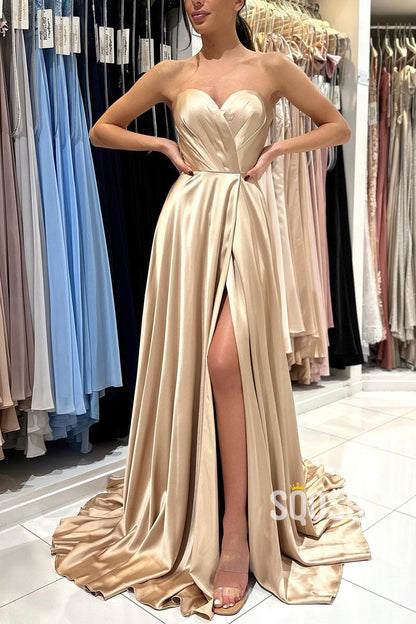 A Line Sweetheart Pleats Side Slit Long Prom Formal Dress QP2664