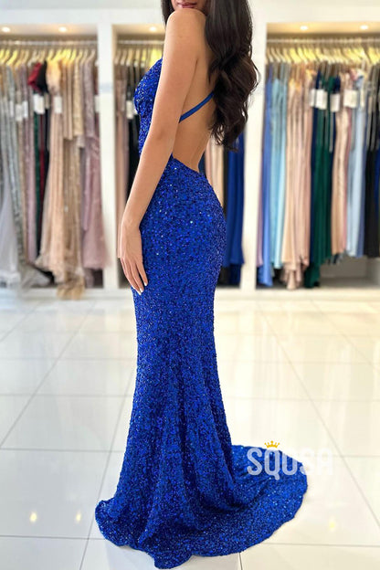 Spaghetti Strpas V Neck Blue Mermaid Long Prom Dress Glitter QP2663
