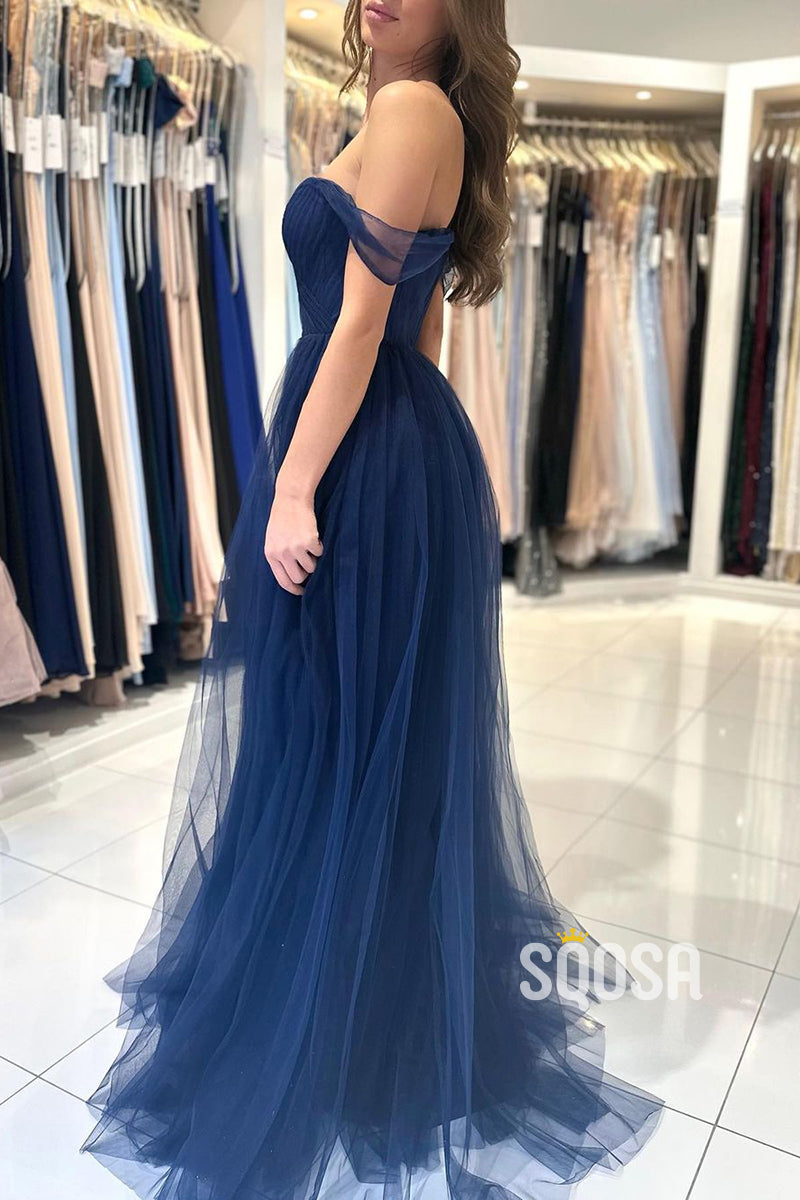 A Line Sweetheart Tulle Pleated Long Prom Formal Dress QP2705