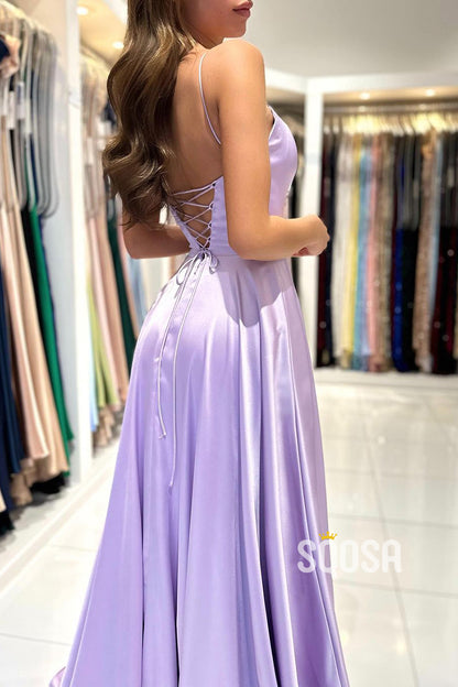A Line Scoop Side Slit Long Prom Dresses with Pockets QP2704