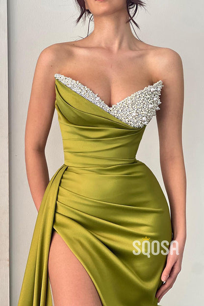 Sexy V-Neck Satin Pleated Beads Long Prom Formal Dress with Slit QP2727