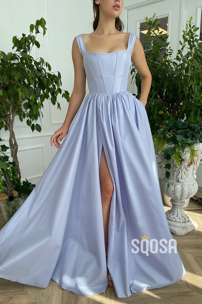 Double Straps Scoop High Split Satin A-line Long Prom Dress with Pockets QP0972
