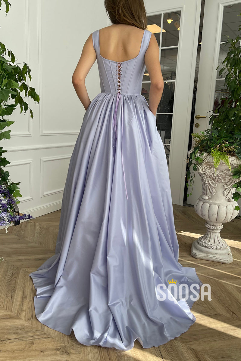Double Straps Scoop High Split Satin A-line Long Prom Dress with Pockets QP0972