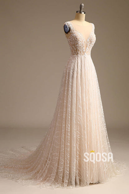 Illusion Neckline Exquisite Champagne Lace Beaded A-line Wedding Dress QW2500|SQOSA