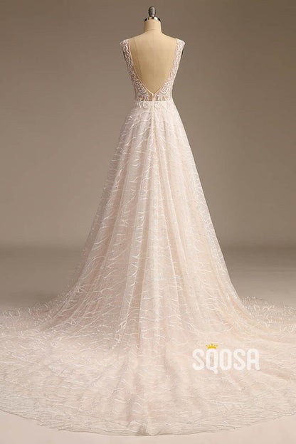 Illusion Neckline Exquisite Champagne Lace Beaded A-line Wedding Dress QW2500|SQOSA