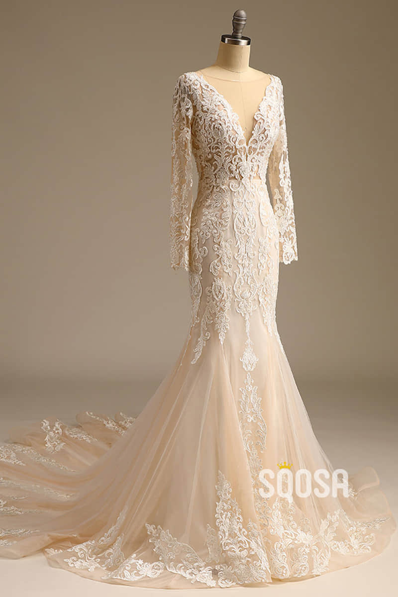 Plunging Illusion V-neck Exquisite Champagne Lace Wedding Dress Mermaid Gown QW2501|SQOSA