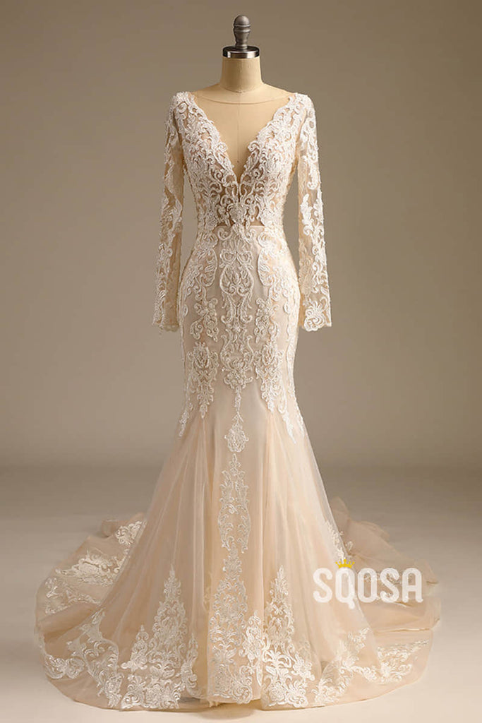 Plunging Illusion V-neck Exquisite Champagne Lace Wedding Dress Mermaid Gown QW2501|SQOSA