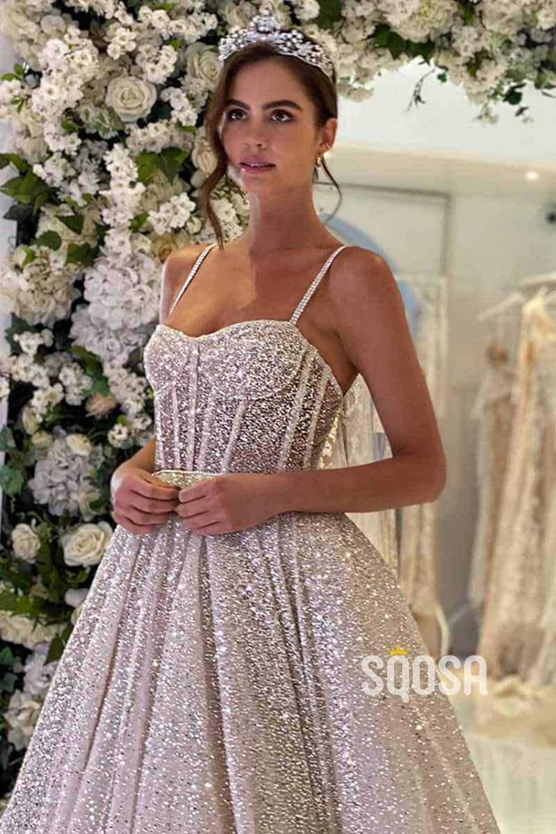Spaghetti Straps Sequins A-line Sparkly Wedding Dress Bridal Gown QW2513|SQOSA