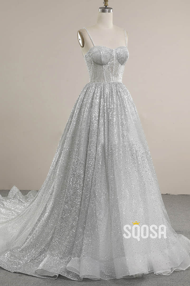 Spaghetti Straps Sequins A-line Sparkly Wedding Dress Bridal Gown QW2513|SQOSA