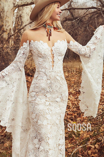 Unique Bat Sleeves Allover Lace Bohemian Wedding Dress QW2681|SQOSA