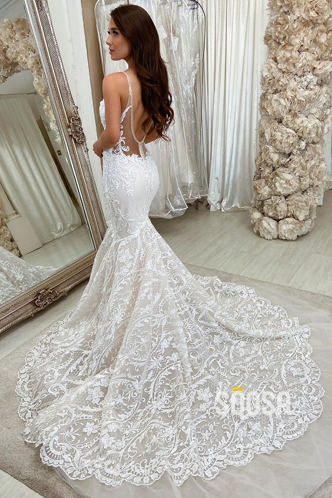 Plunging V-neck Allover Lace Wedding Dress Mermaid Gown QW2675|SQOSA