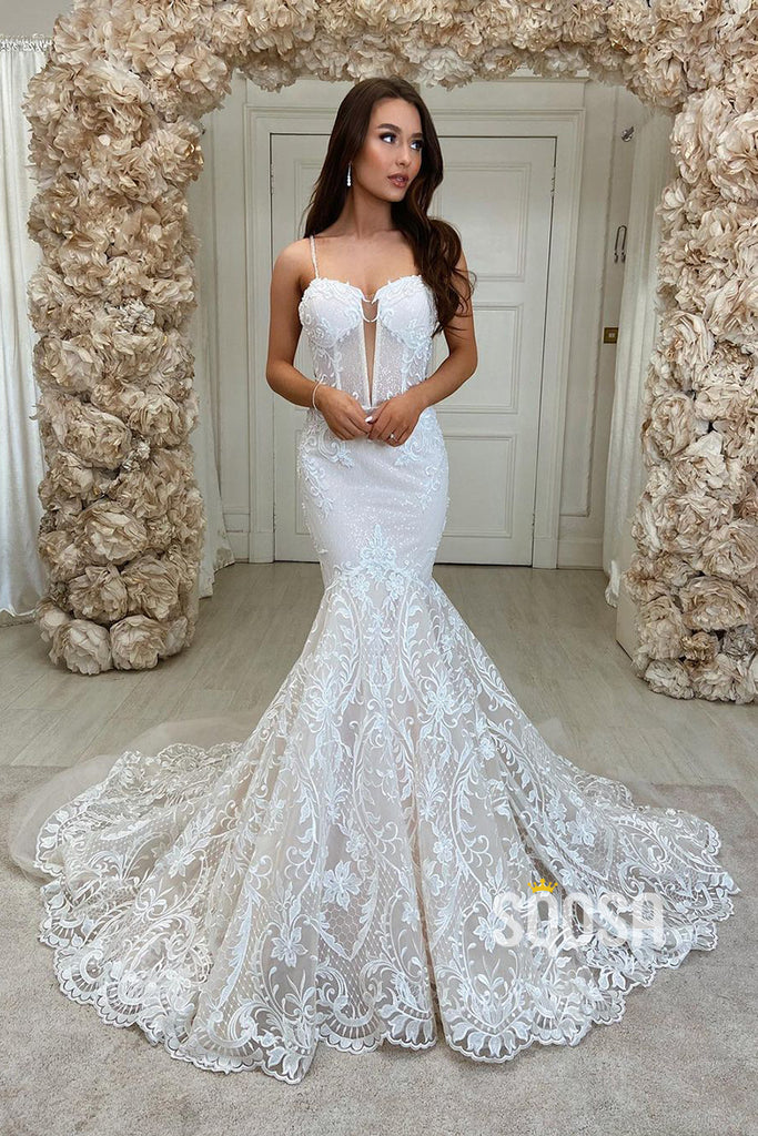 Plunging V-neck Allover Lace Wedding Dress Mermaid Gown QW2675|SQOSA
