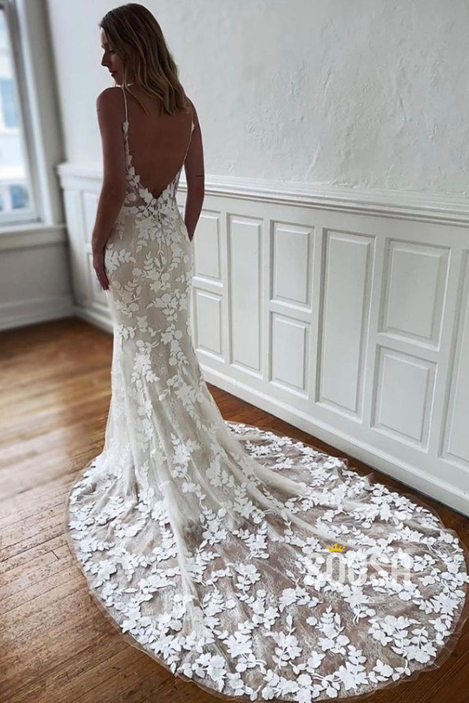 Vintage Embroidery Lace Mermaid Wedding Dress Bohemian Bridal Gown QW2700|SQOSA