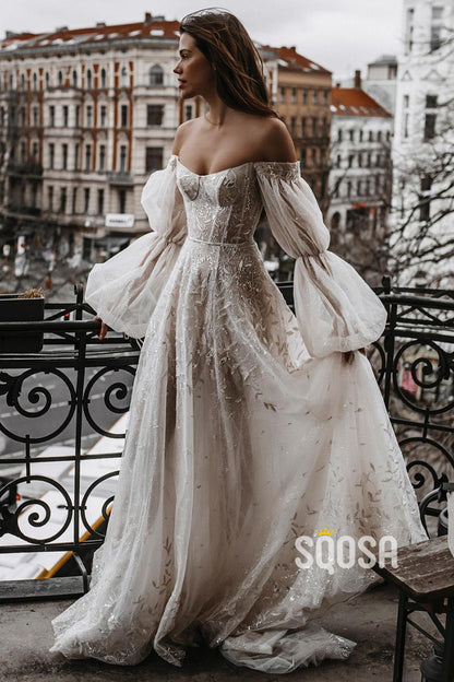 Unique Off-the-Shoulder Lace Wedding Dress Ivory Long Sleeves Bohemian Bridal Gown QW2705|SQOSA