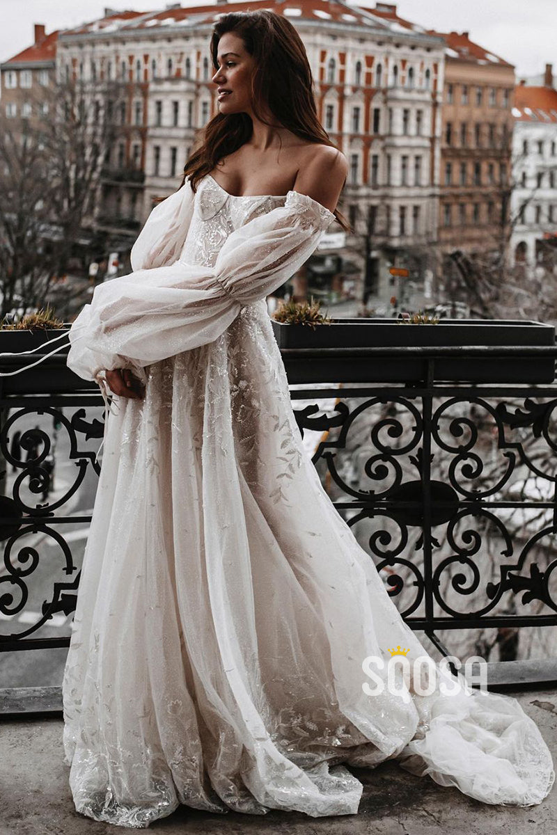 Unique Off-the-Shoulder Lace Wedding Dress Ivory Long Sleeves Bohemian Bridal Gown QW2705|SQOSA