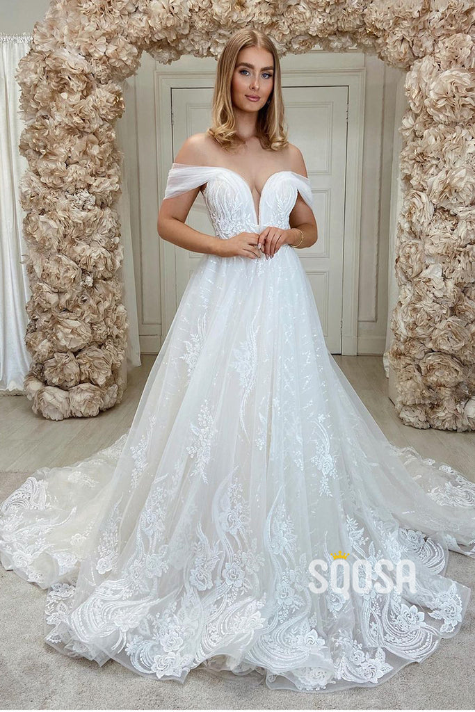 Unique Off-the-Shoulder Appliques A-line Wedding Dress QW2677|SQOSA