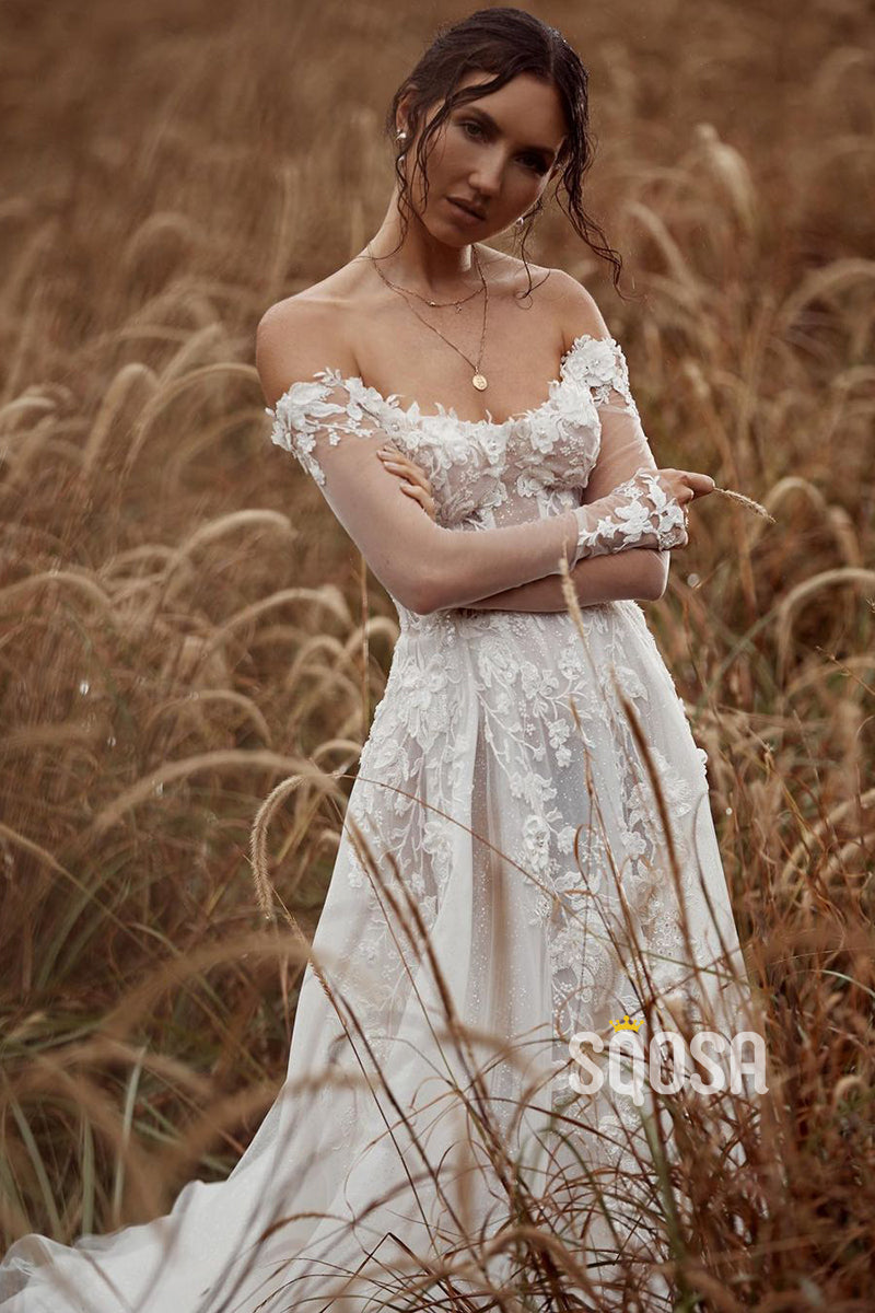 Unique Off-the-Shoulder Appliques A-line Rustic Wedding Dress with Sleeves QW2689|SQOSA