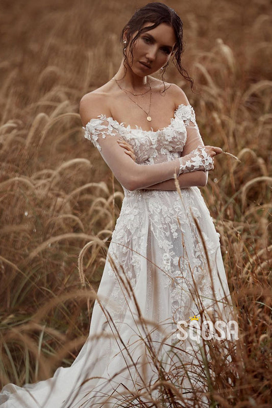 Unique Off-the-Shoulder Lace Wedding Dress Ivory Long Sleeves