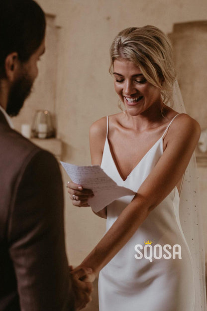 Spaghetti Straps V-neck Simple Beach Wedding Dress QW2693|SQOSA