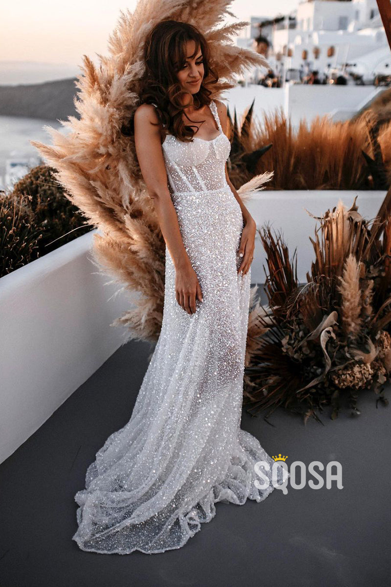 A-line Spaghetti Straps Sparkly Bohemian Wedding Dress QW2686|SQOSA