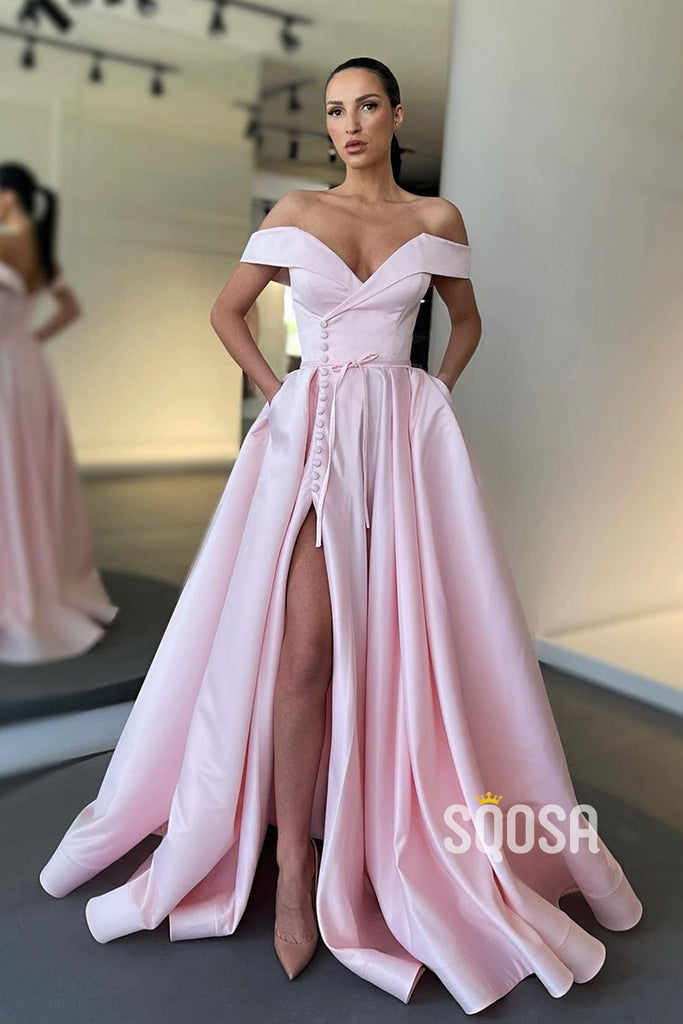 Unique Off Shoulder Satin Split A-line Lone Prom Dress with Pockets QP0954|SQOSA