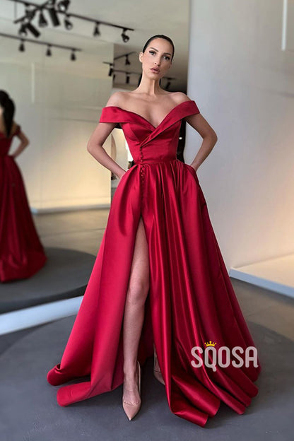 Unique Off Shoulder Satin Split A-line Lone Prom Dress with Pockets QP0954|SQOSA