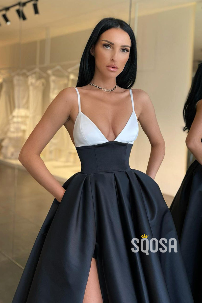Spaghettti Straps V-Neck High Split Long Prom Dress with Pockets QP0959|SQOSA